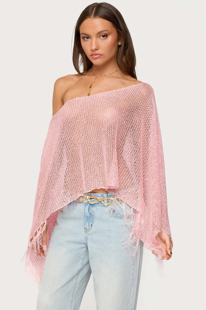 Sequin Fringe Knit Poncho